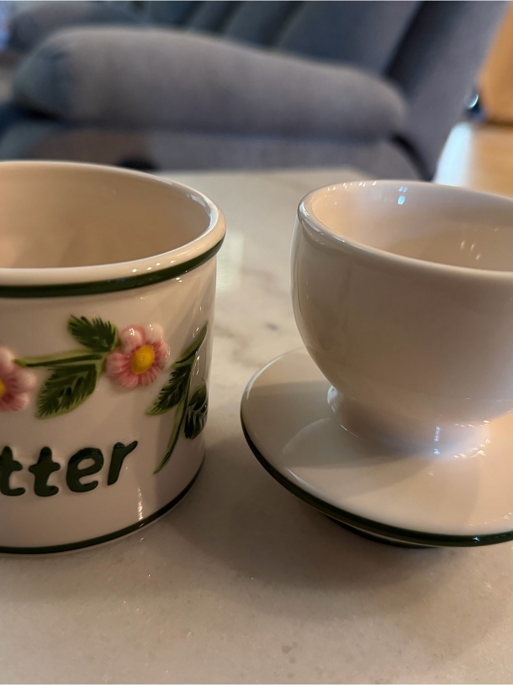 Ceramic Butter Crock with Pink Floral Trim - White and Green - Picture 3 of 3